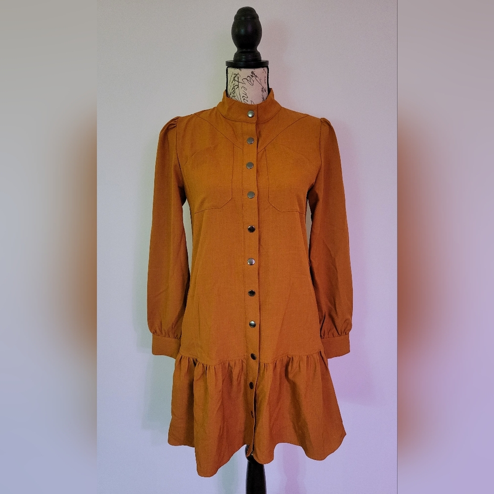 Rihoas Women's Mustard Button Front Long Sleeve Dress NWT Size XS
